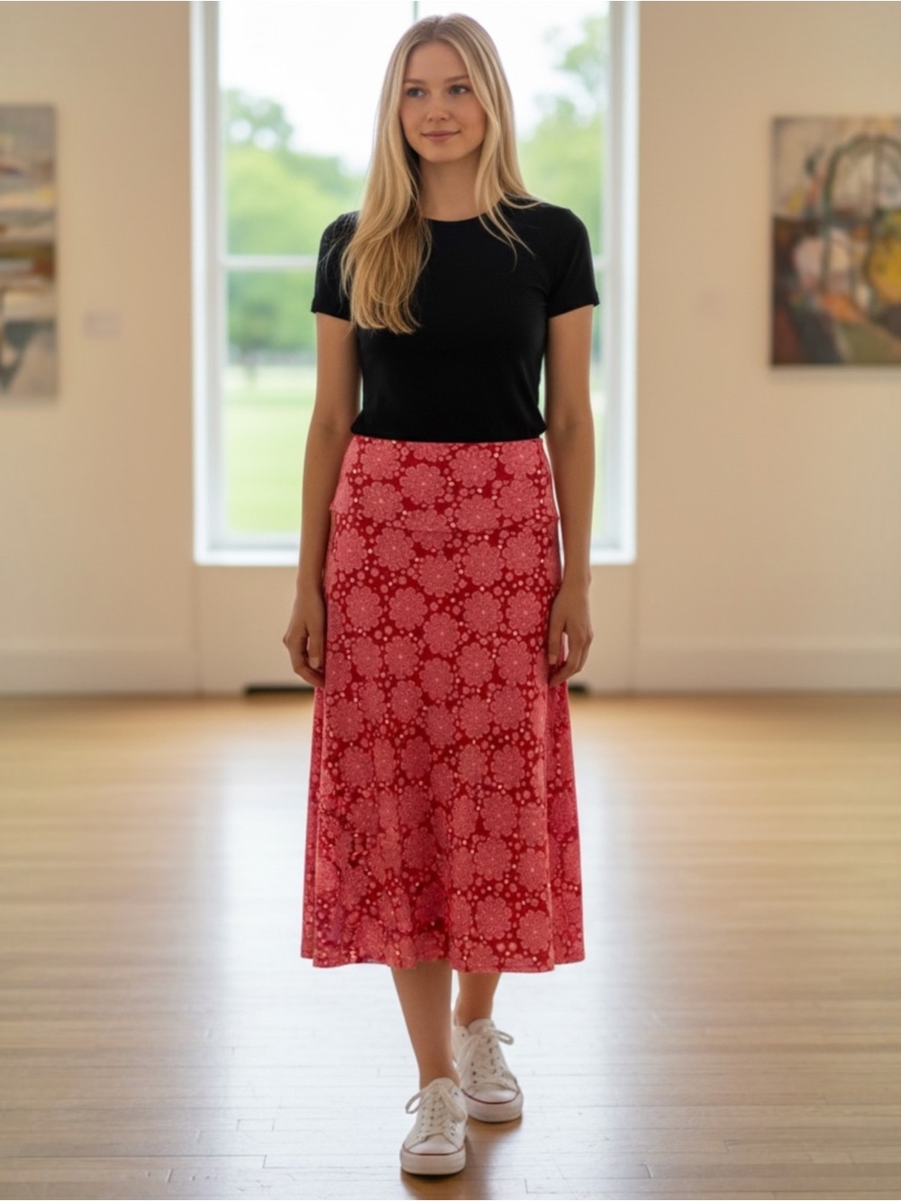Women's Pink Floral Midi Skirt